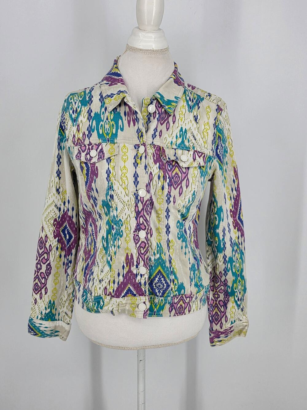 Jones New York Jeans Jacket Small S Multicolor Ikat Abstract Denim Cotton Women